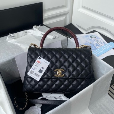 Chanel Medium Coco Handle Bag-Black with Burgundy Lizard handle