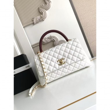 Chanel Medium Coco Handle Bag-White with Burgundy Lizard handle