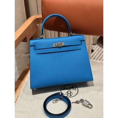 Hermes Kelly 25 / 28  in Epsom Leather-Blue frida